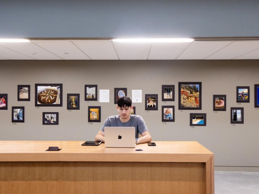 A student sits at a long desk and types on their laptop. A gallery of photos on black mattes are on the wall behind them.