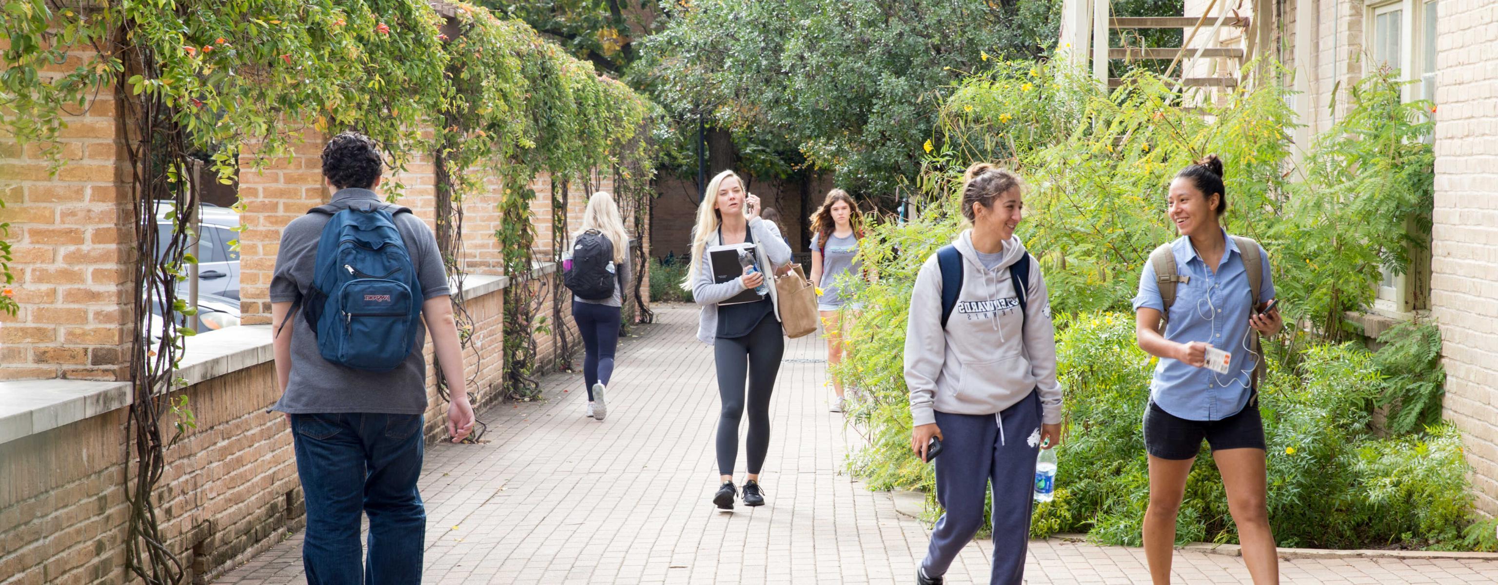 Students walk to and from classes on a a path lined with greenery.